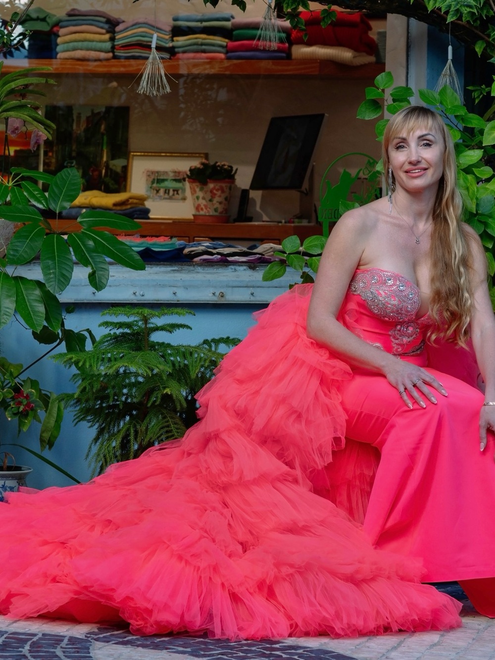 Strapless Backless Evening Gown in Vibrant Fuchsia with Tulle Train - Picture 4 of 8